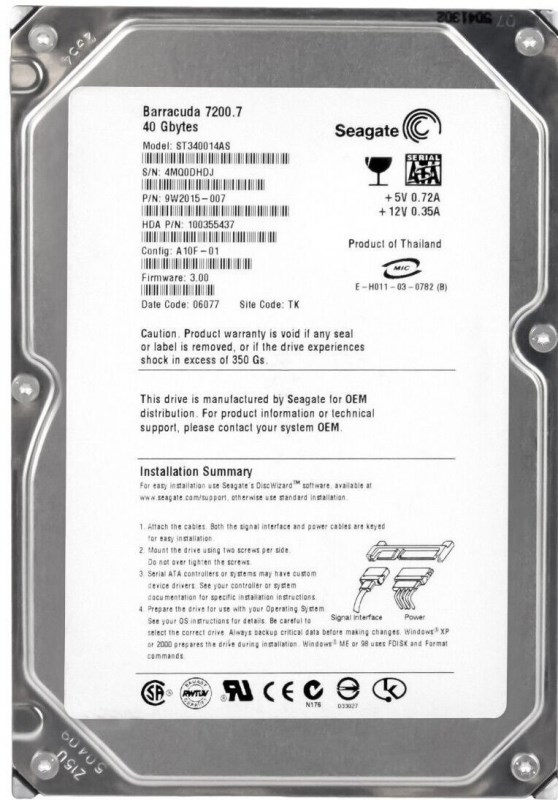 Жесткий диск Seagate ST340014AS 40Gb 7200 SATA 3.5" HDD ST340014AS - фото 27931