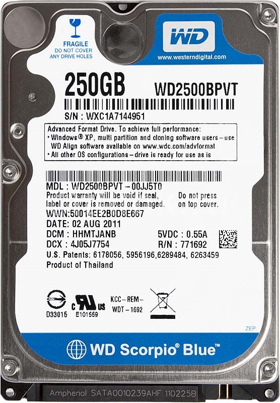 Жесткий диск Western Digital WD2500BPVT 250Gb 5400 SATAII 2,5" HDD WD2500BPVT - фото 29752