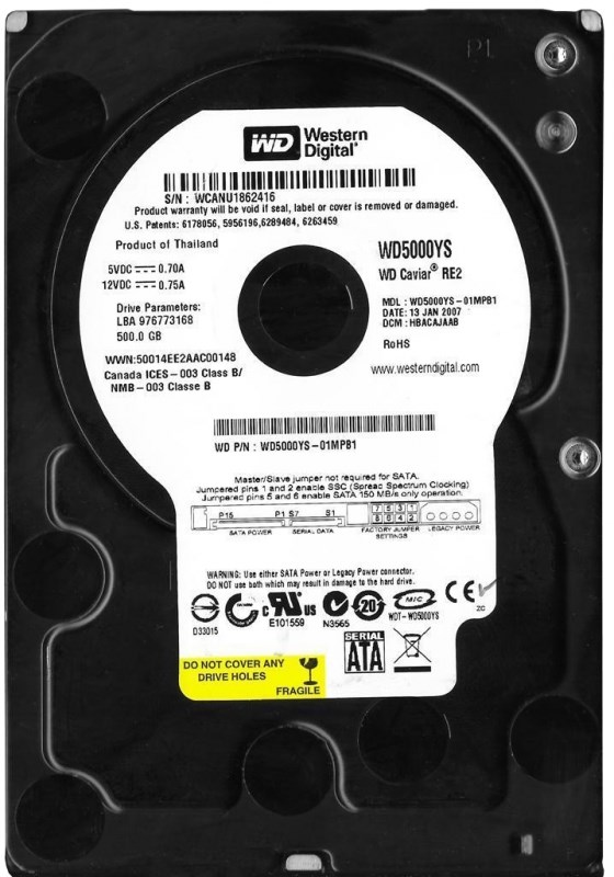 Жесткий диск Western Digital WD5000YS 500Gb SATAII 3,5" HDD WD5000YS - фото 29765