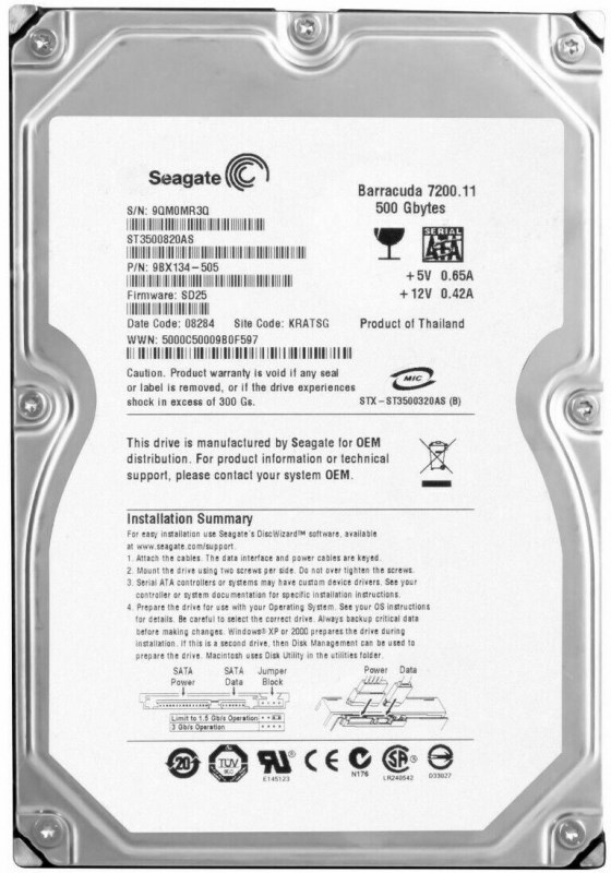 Жесткий диск Seagate 9BX134 500Gb SATAII 3,5" HDD 9BX134 - фото 30600