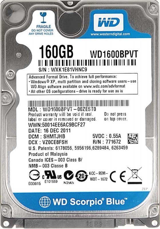 Жесткий Диск Western Digital WD1600BPVT 160Gb SATAII 2,5" WD1600BPVT - фото 40803